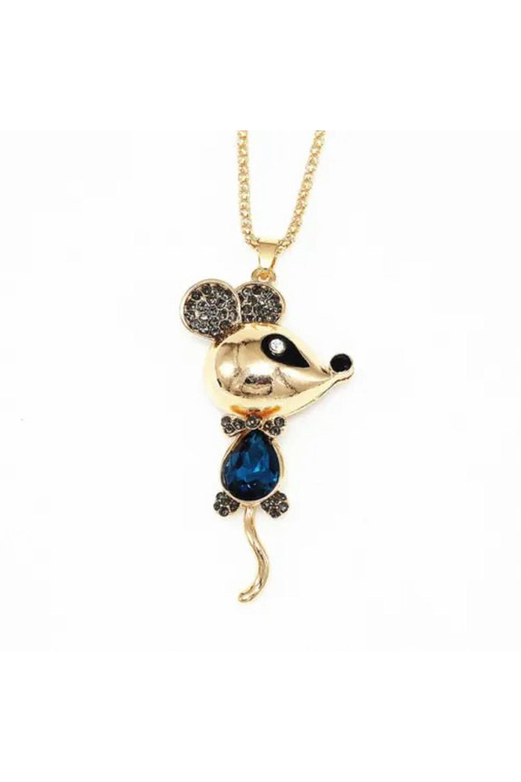 Multi-Color Crystal Rhinestone Cute Mouse Rat Pendant Chain Women's Necklace New-Blue