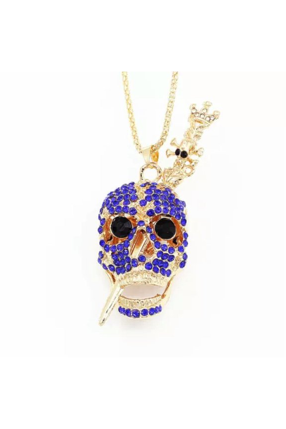 Multi-color Crystal Crown Sword Skull Head Pendant Sweater Chain Skulls Necklace-Royal Blue
