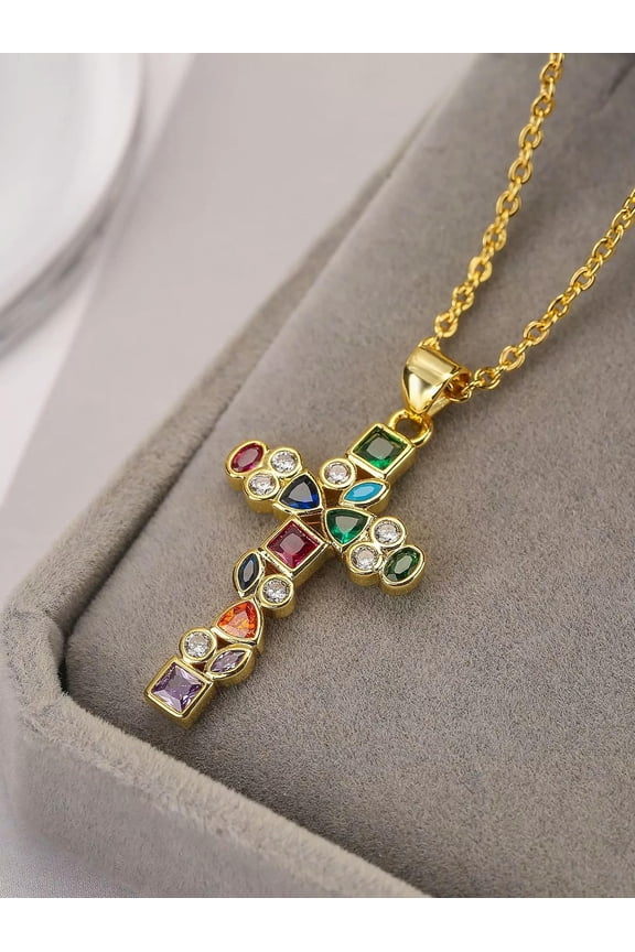 Multicolor Cubic Zirconia Cross Charm Necklace Statement Necklace Modern-default