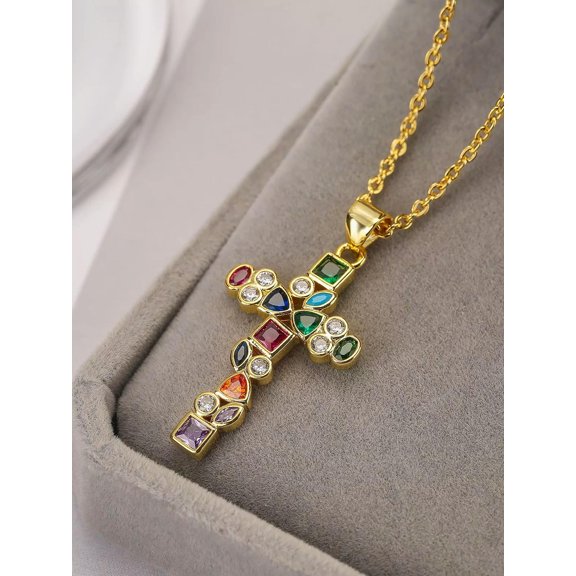 QQTDFG Multicolor Cubic Zirconia Cross Charm Necklace Statement Necklace Modern-default