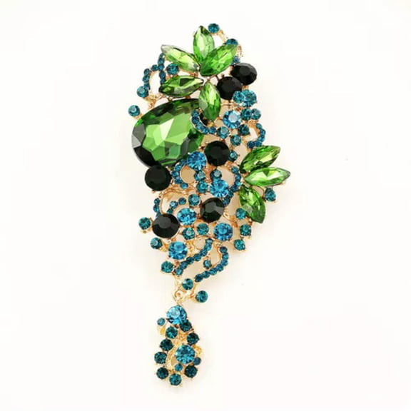 QQTDFG Multicolor Rhinestone Crystal Teardrop Flower Brooch Pin Cluster Long Pendant-Green