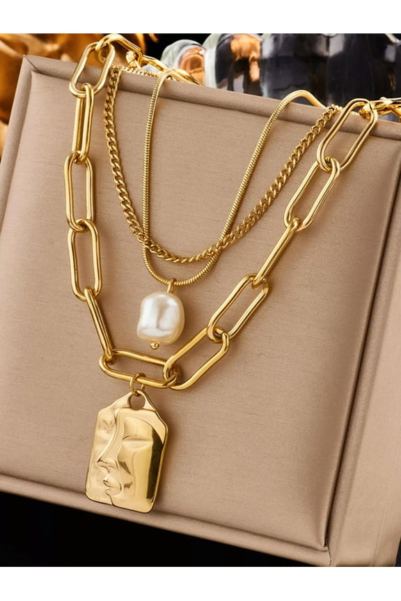 Multilayered Metallic Chunky Chain Necklace With Faux Pearls, Geometric Cubes,-default