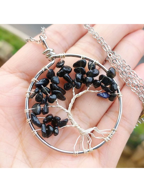 Natural Black onyx Gems Tree Of Life Necklace Chakra Reiki Healing Amulet-default