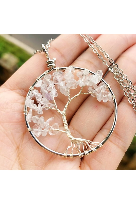 Natural Rock Quartz Gems Tree Of Life Necklace Chakra Reiki Healing Amulet-default