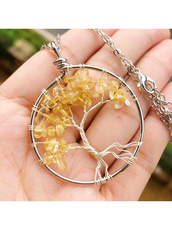 Natural Yellow Crystal Gems Tree Of Life Necklace Chakra Reiki Healing Amulet-default