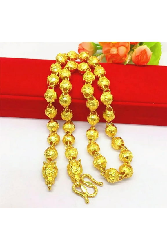 New 24K Yellow Gold Plated 11mm Dragon Head Round Bead Men's Chains Necklace 24"-default