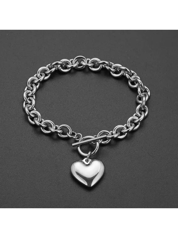 New 8mm Stainless Steel Lover Heart Charms Bracelet Oval Chain Women Silver Gold-7 inch-8mm wide-Silver + toggle clasp