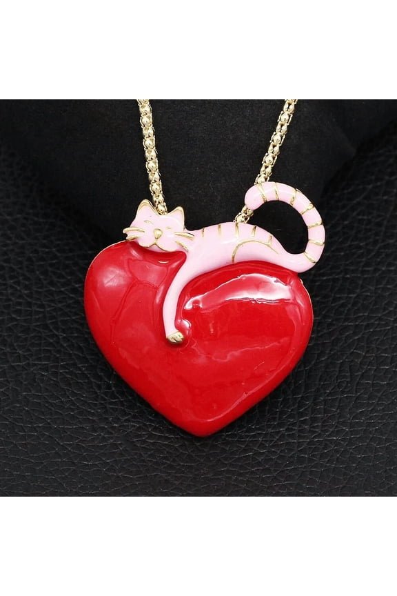 New Fashion Pink Enamel Big Love Heart Cat Kitten Pendant Necklace/Brooch Pin-default