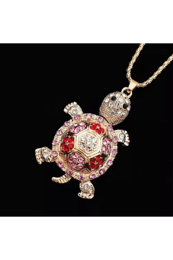 New Fashion Women's Cute Crystal Turtle Tortoise Pendant Sweater Chain Necklace-Pink