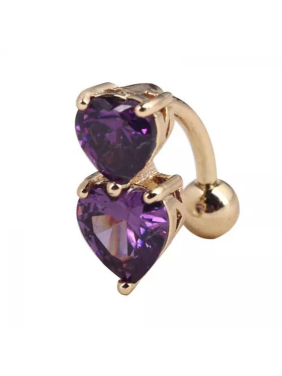New Gold Bar Reverse Button Navel Ring Two Heart Belly Body-purple