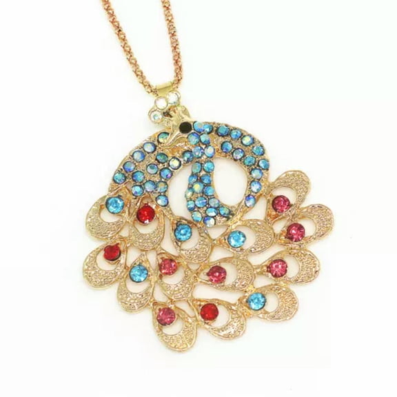 QQTDFG New Women Multicolo AB Crystal Rhinestone Peacock Pendant Sweater Chain Necklace-Blue