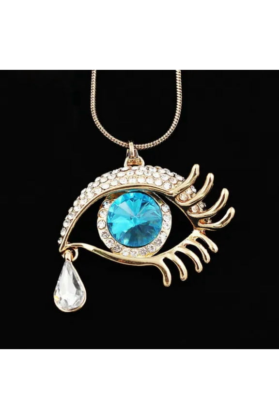 New Womens Crystal Rhinestone Evil Eye Teardrop Pendant Sweater Chain Necklace -Blue