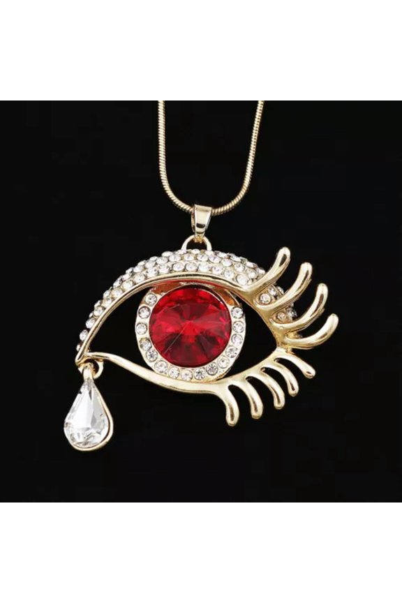 New Womens Crystal Rhinestone Evil Eye Teardrop Pendant Sweater Chain Necklace -Red