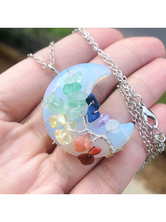 Opalite Gem Stone Tree Of Life Moon Necklace Chakra Reiki Healing Amulet-default