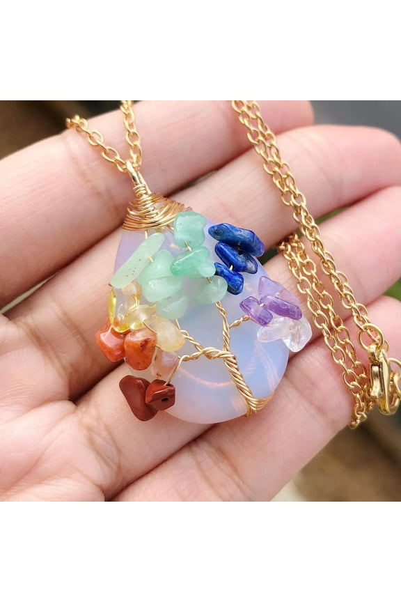 Opalite Gem Stone Tree Of Life Water-Drop Necklace Chakra Healing Amulet Gift-default