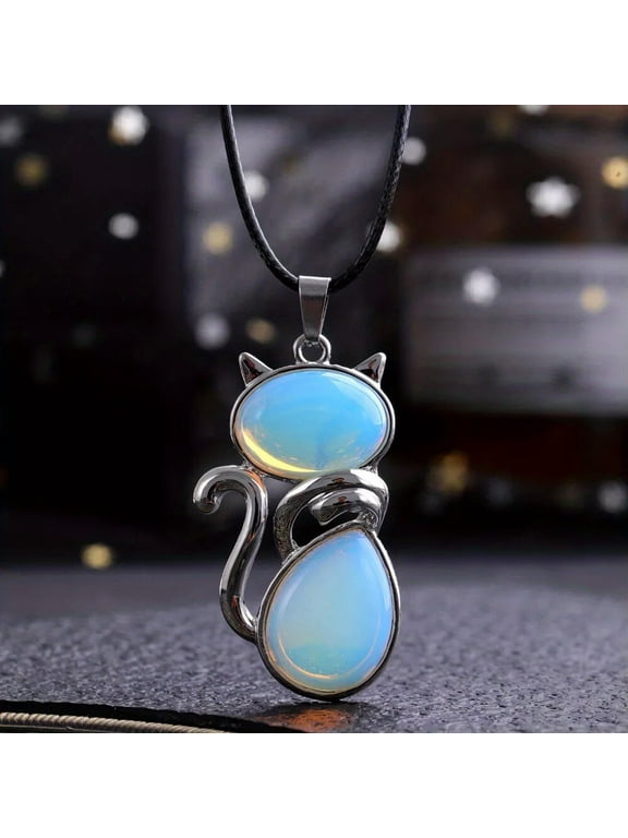 Opalite Gems Cat Crystal Necklace Magic Reiki Healing Amulet-default