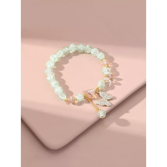 QQTDFG Pale Green Rhinestone Butterfly Charm Crystal Beaded Bracelet Stackable Stretch-default
