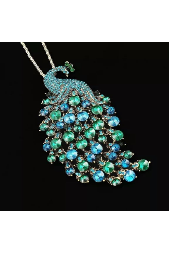 Peacock Bird Pendant Necklaces Woman Brooch Pin Blue & Red Rhinestone Crystal-Blue