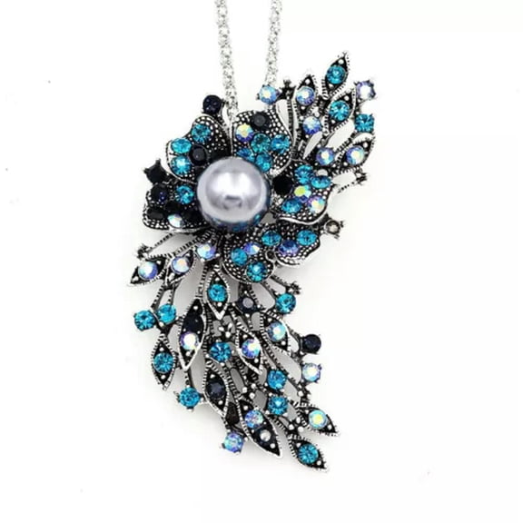 QQTDFG Pearl Crystal Flower Pendant Fashion Women's Sweater Chain Necklace/Brooch Pin-Blue & Navy