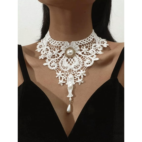 QQTDFG Pearl Decor Lace Necklace Statement Necklace Vintage Necklace Retro-default