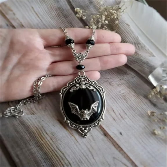 QQTDFG Punk 925 Silver Bat Black Necklace Earrings Ring Jewelry Set Party Halloween-Necklace
