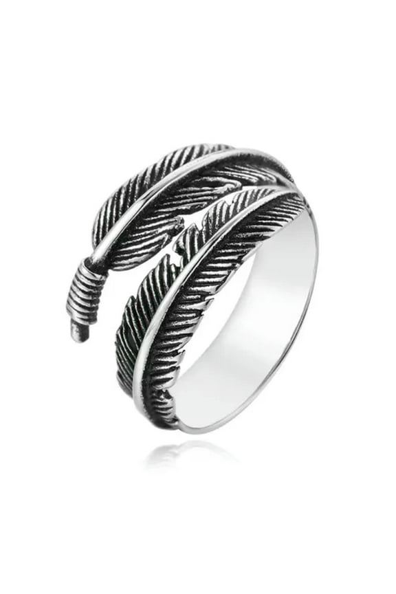 Punk Stainless Steel Feather Ring Vintage Statement Leaf Ring Wing for Women Men-Gold-10
