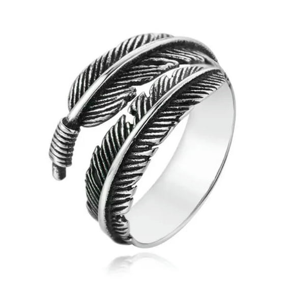 QQTDFG Punk Stainless Steel Feather Ring Vintage Statement Leaf Ring Wing for Women Men-Silver-10