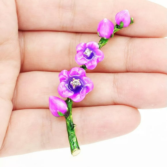 Purple Enamel Crystal Peach Blossom Flower Branch Brooch Pin Holiday Gift-default