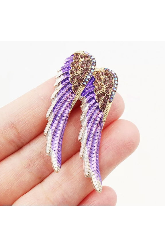 Purple Enamel Crystal Two Angel Wing Feather Gold Tone Brooch Pin Holiday Gift-default
