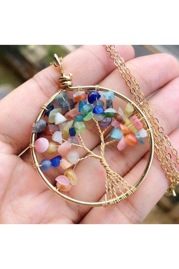 Rainbow Cat Eye Gem Tree Of Life Water-Drop Necklace Chakra Reiki Healing Amulet-default