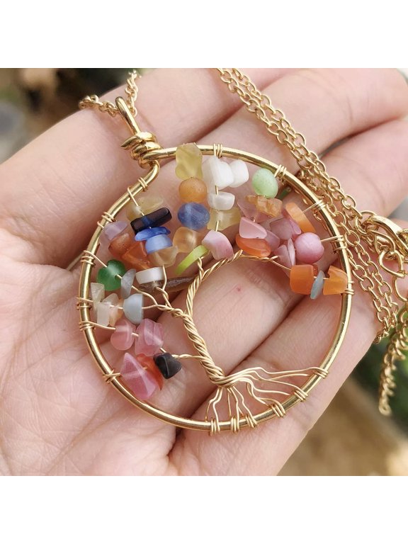 Rainbow Cat Eye Gem Tree Of Life Water-Drop Necklace Chakra Reiki Healing Amulet-default