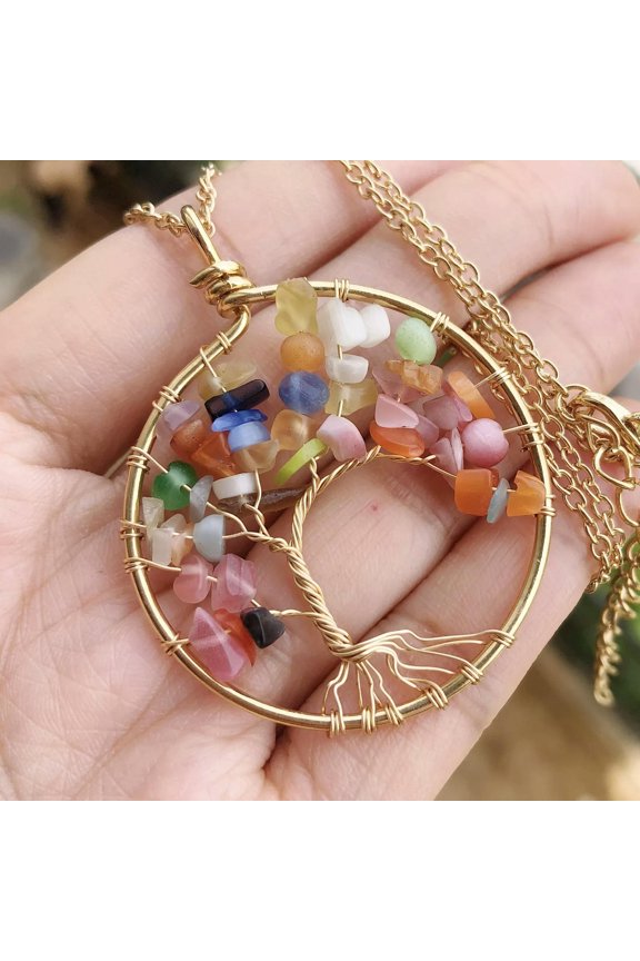 Rainbow Cat Eye Gem Tree Of Life Water-Drop Necklace Chakra Reiki Healing Amulet-default