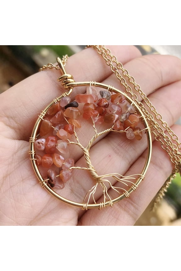 Red Agate Gem Stone Tree Of Life Water-Drop Necklace Chakra Reiki Healing Amulet-default
