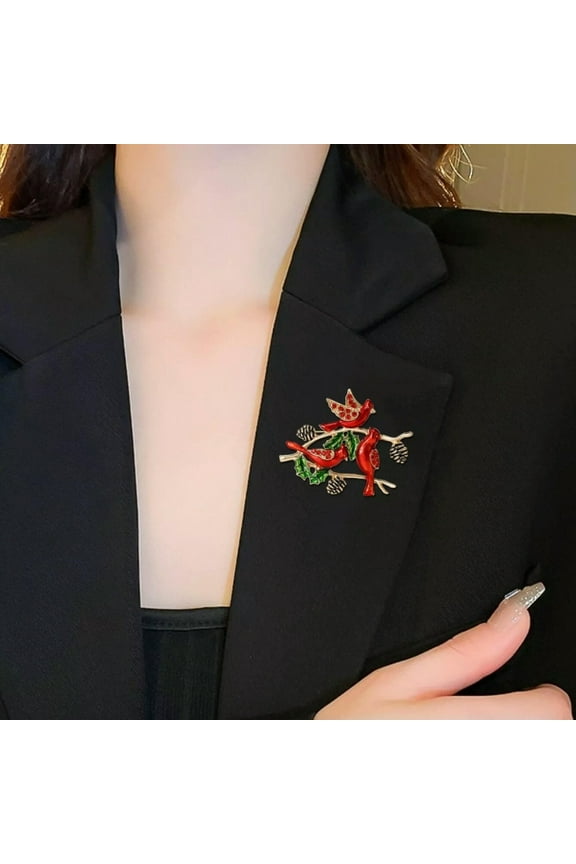 Red Cardinals Bird Brooch Holly Pine Cone Winter Enamel Rhinestone Women Pin-default