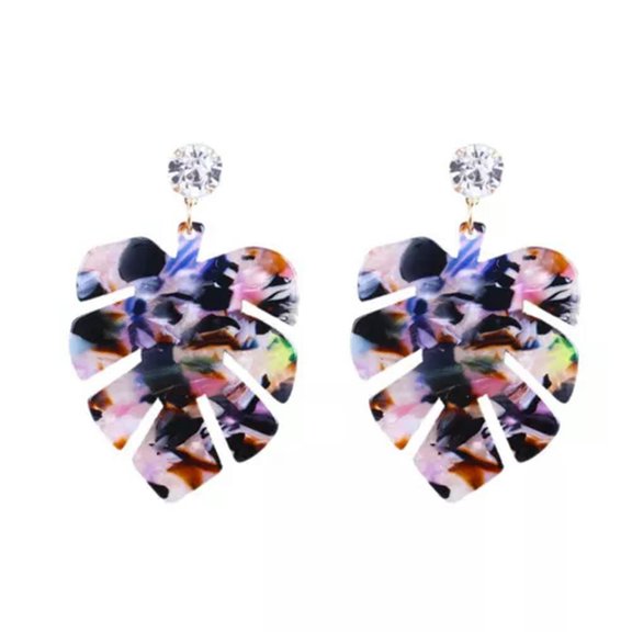 QQTDFG Resin Dangle Earrings Gold Tone Alloy Findings Rhinestone Leaf Colorful 2" P605-Purple
