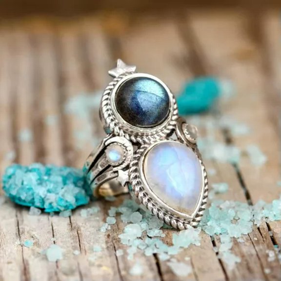 QQTDFG Retro Handmade 925 Silver Moonstone Ring Women Fashion Wedding Jewelry Size 6-10-Silver-7