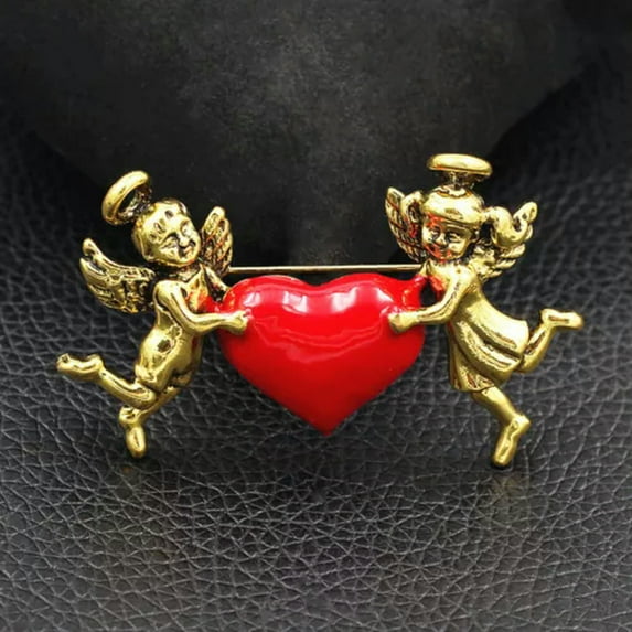 QQTDFG Retro Little Angel Baby Brooch Red Enamel Love Heart Charm Pin Gold Silver Tone-Gold