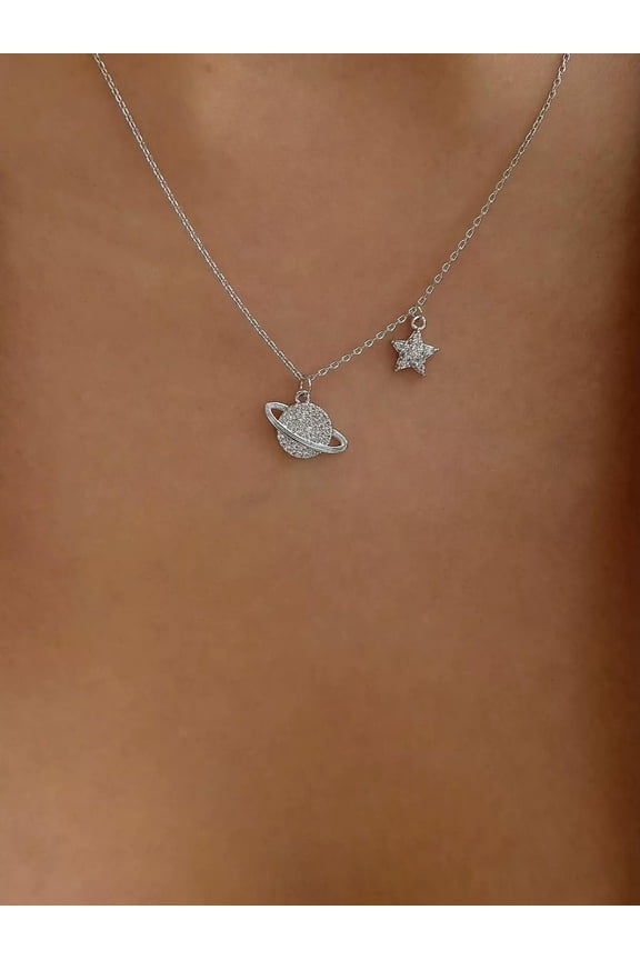 Rhinestone Planet Charm Necklace-default
