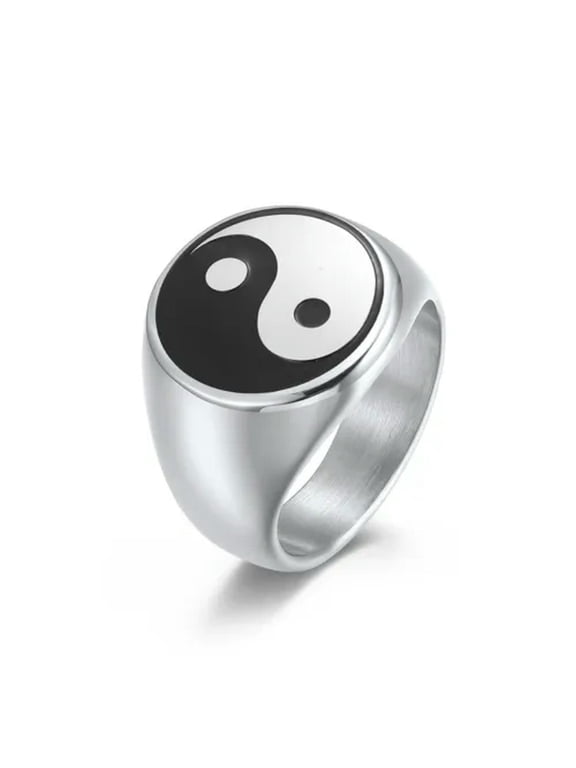 Rings for Men Women Stainless Steel Band Biker Jewelry Black Yin Yang Tai Chi-Silver-11