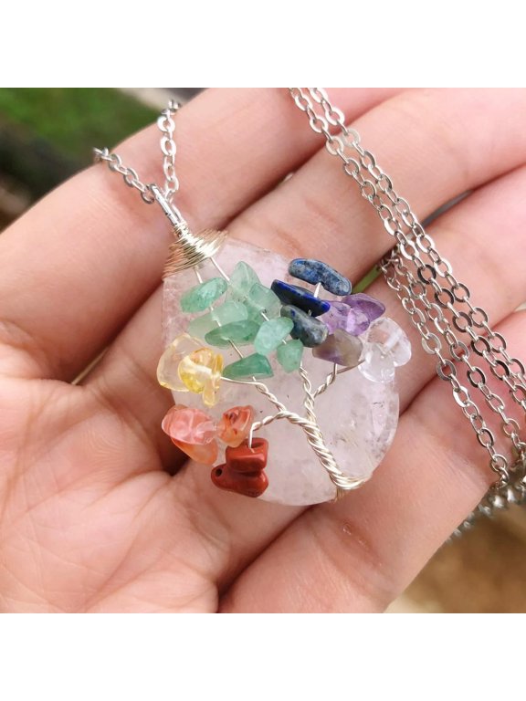 Rock Quartz Gem Stone Tree Of Life Water-Drop Necklace Chakra Healing Amulet-default