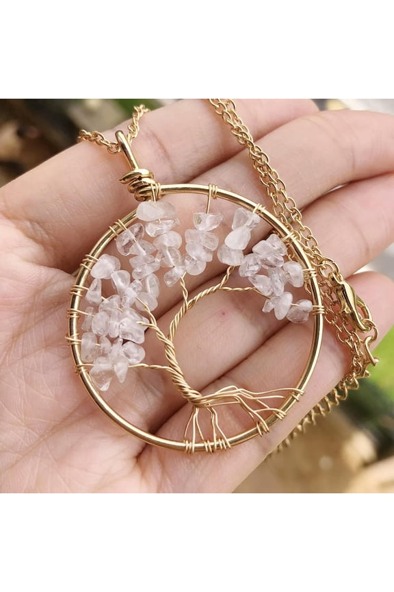 Rock Quartz Gem Tree Of Life Water-Drop Necklace Chakra Reiki Healing Amulet-default