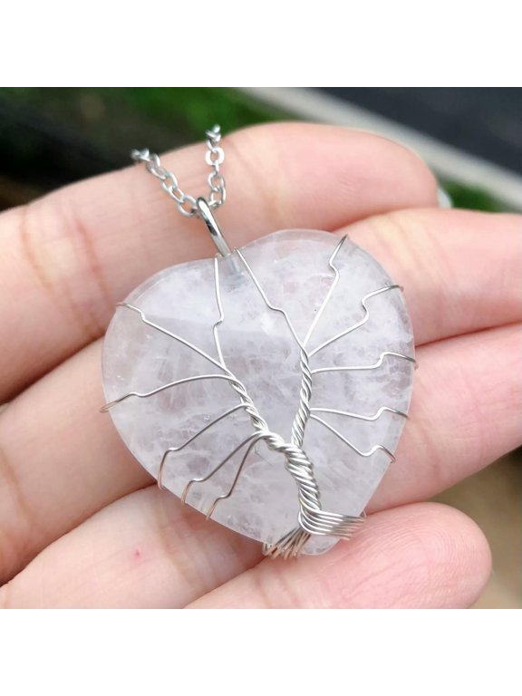 Rock Quartz Gem stone Tree of life Necklace Heart Chakra Reiki Healing Amulet-default