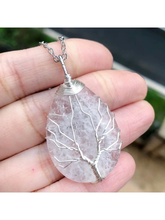 Rock Quartz Gems Tree Of Life Necklace Water-drop Chakra Reiki Healing Amulet-default