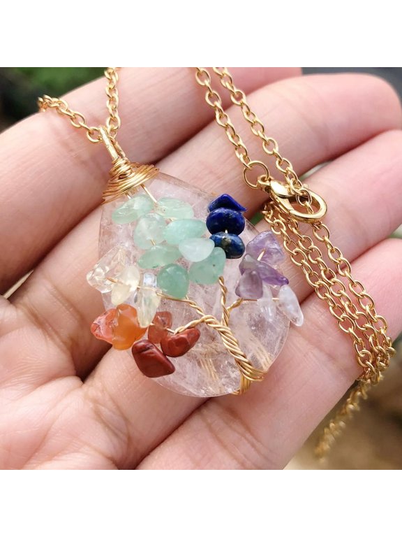 Rock Quartz Stone Tree Of Life WaterDrop Necklace Chakra Reiki Healing Amulet-default