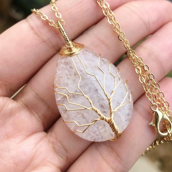 QQTDFG Rock Quartz Tree Of Life Necklace Chakra Water-Drop Reiki Healing Amulet-default