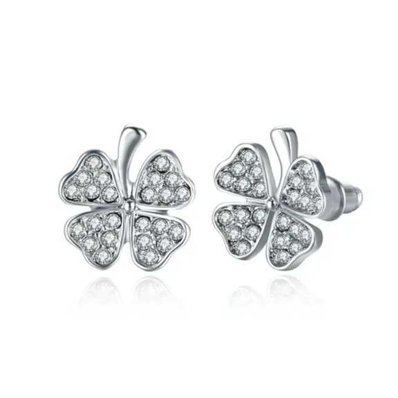 QQTDFG Rose Gold Platinum Plated Earrings Stud AAA Zirconia Push Back Clover .48" L251-Plainum Plated