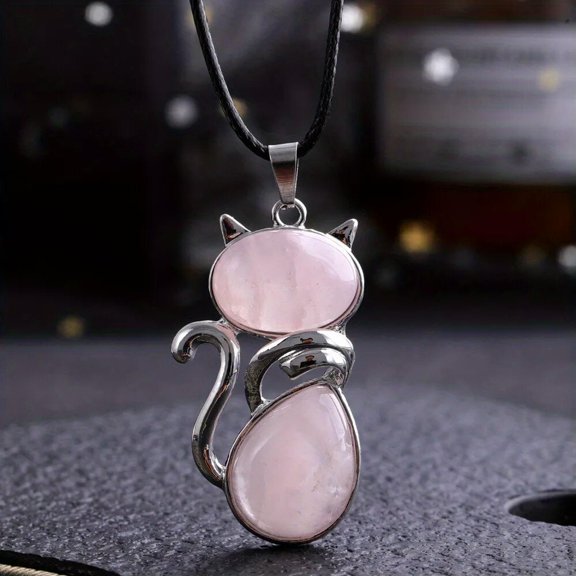 QQTDFG Rose Quartz Gems Cat Crystal Necklace Magic Reiki Healing Amulet-default