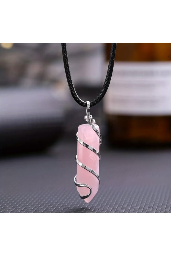 Rose Quartz Gems Pillar Pendulum Necklace Magic Reiki Healing Amulet-default