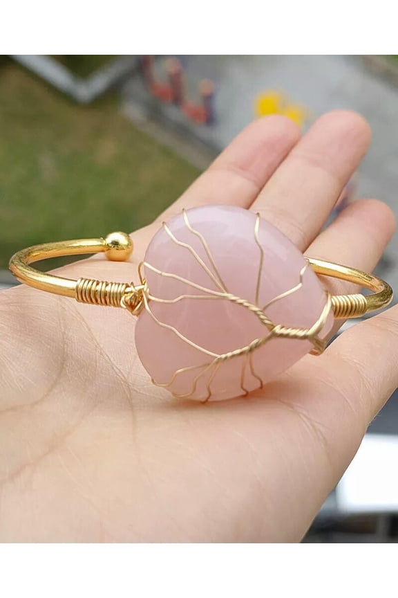 Rose Quartz Gems Stone Heart bangle bracelet Reiki Healing Balancing Amulet-default
