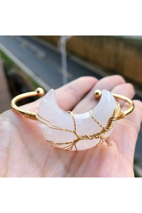 Rose Quartz Gems Tree Of life Moon bangle bracelet Reiki Balancing Amulet-default